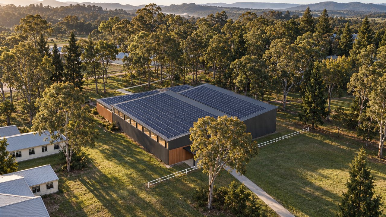 Drone view from over the school: a simple single-storey community centre with solar roofs on half of the school oval, with the school fence and path in front