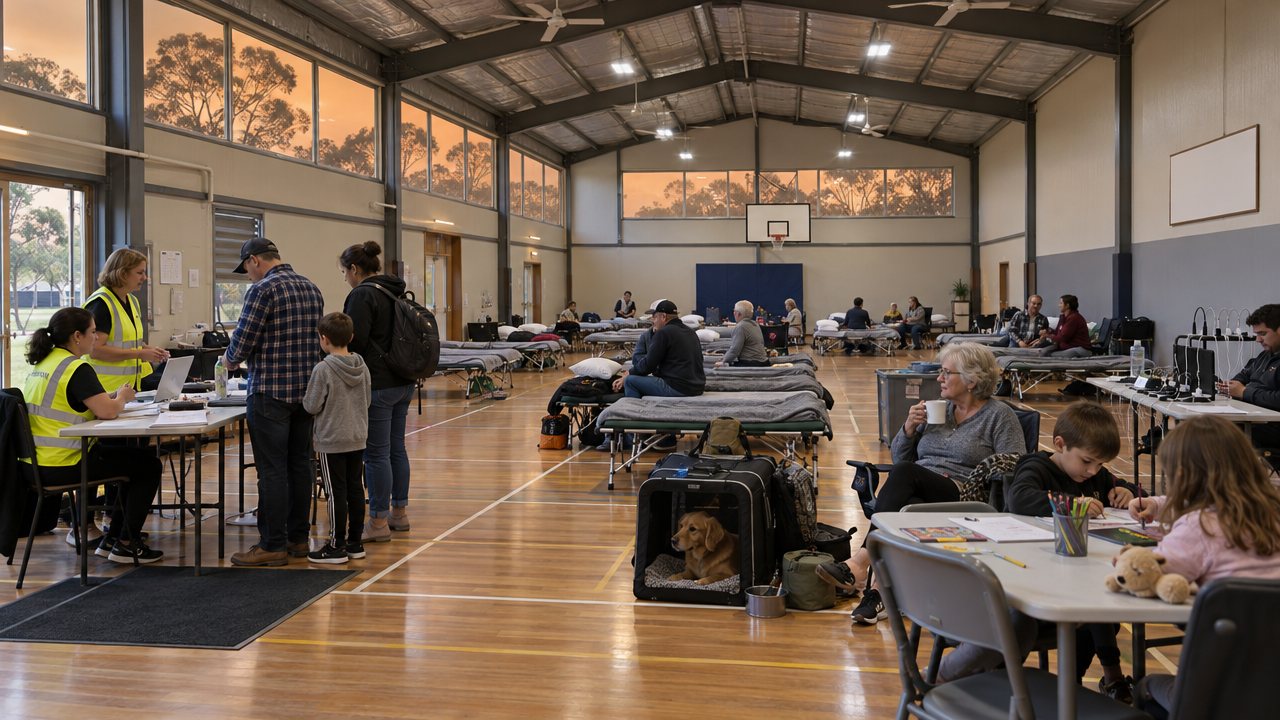 The sports hall set up as an evacuation centre with stretcher beds, a registration desk and families resting under smoky skies