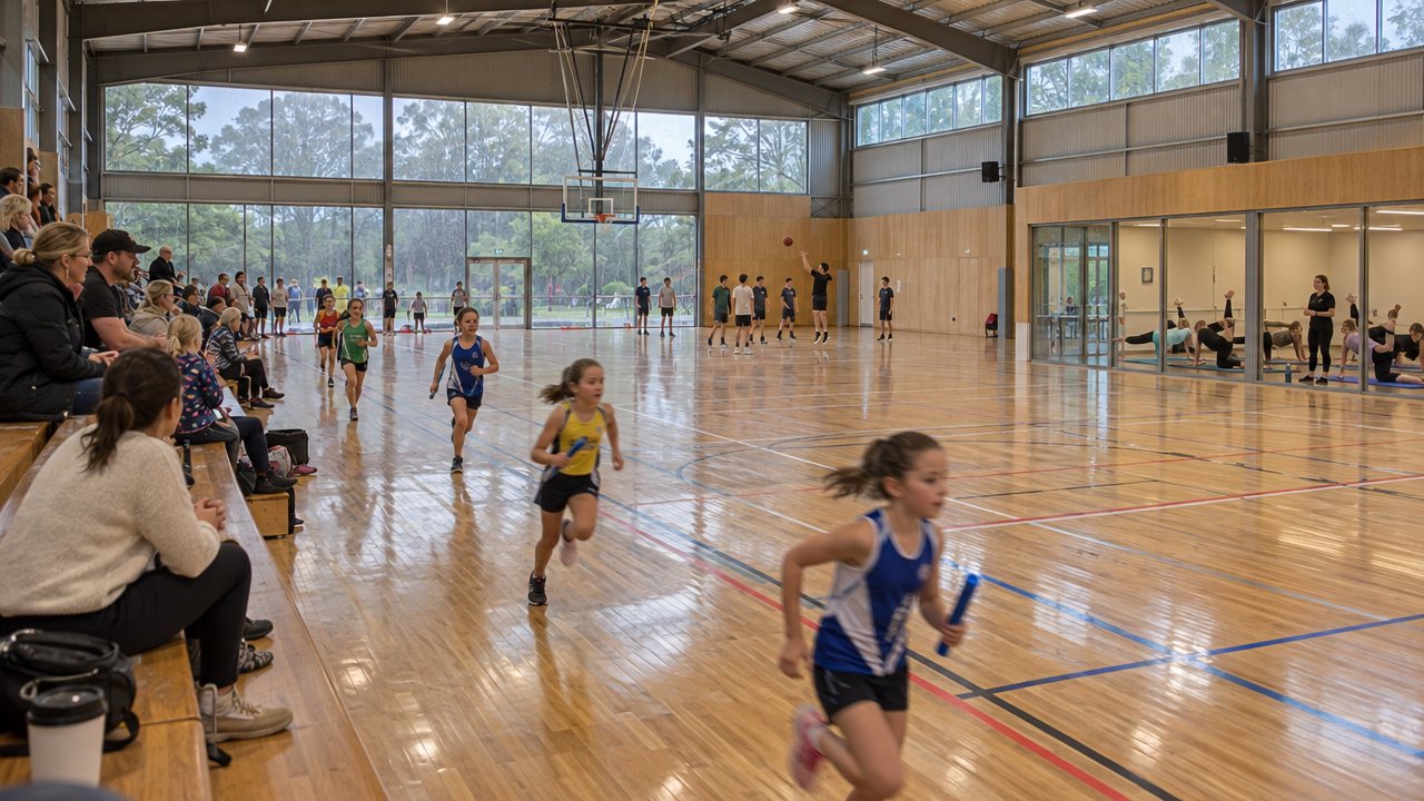 Little Athletics children running relays in an indoor sports hall while parents watch from bleachers and a Pilates class runs behind glass