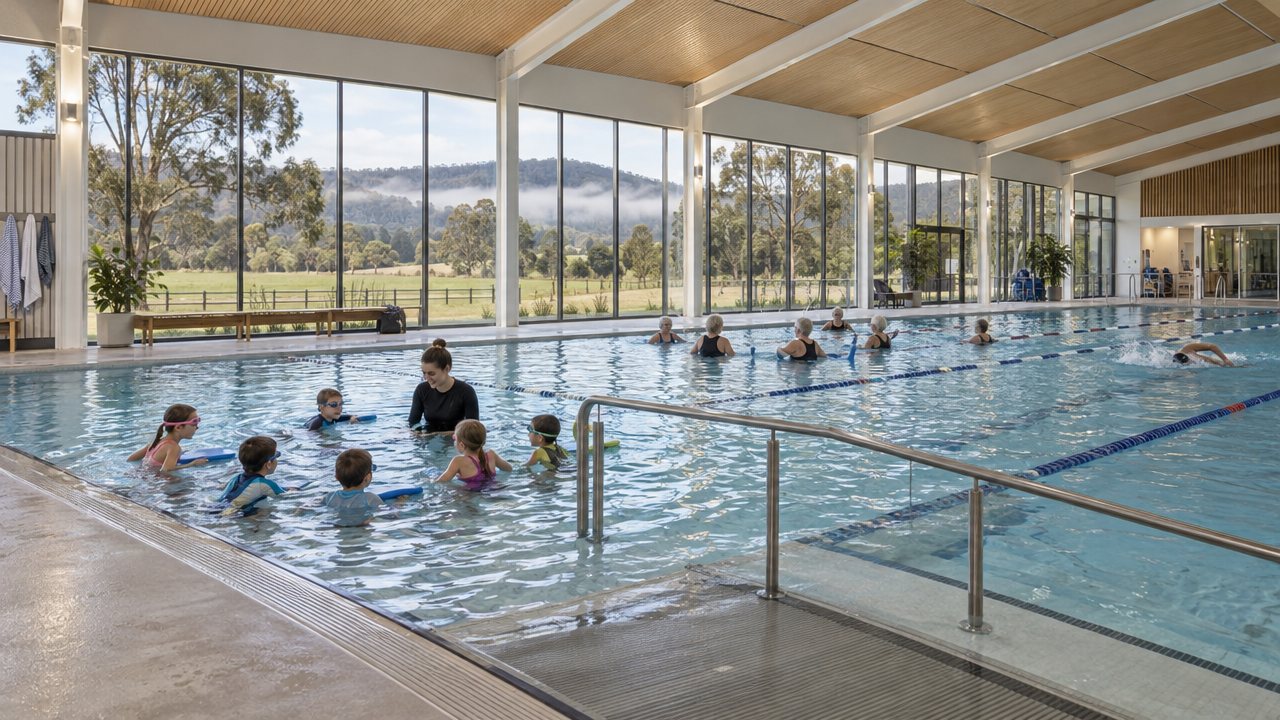 Children in a learn-to-swim lesson and older swimmers in a warm indoor pool with glass walls looking out to green hills