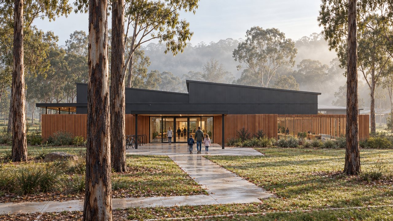 Families walking along a path between tall gums to the timber-clad, single-storey entry of the centre on a misty morning